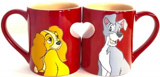 Disney Parks Lady And The Tramp Red Heart Ceramic Coffee Mug Cup Set