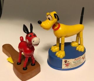 2 Vtg Plastic Push Puppet Toys Kohner Disney Pluto Dog - Tm British Red Donkey