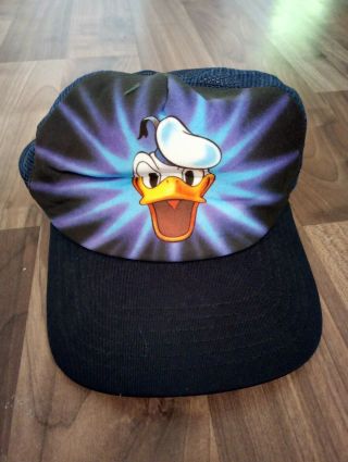 Vtg 80s Walt Disney Productions Donald Duck Black Era Trucker Cap Hat Usa.