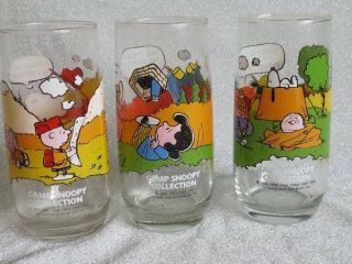 Set Of 3 Vintage Peanuts Mcdonalds Drinking Glasses Camp Snoopy Charlie Brown