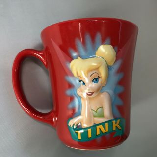 Disney Store “tink” Fairy Tinker Bell Embossed 3d Red & Light Blue Coffee Mug