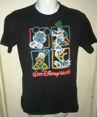 Walt Disney World Parks Black T Shirt Neon Lights Mickey Mouse Large 14/16
