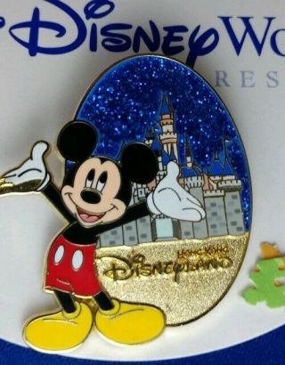 Hong Kong Disneyland Mickey Mouse Posing Blue Disney Castle Glitter Pin Hkdl