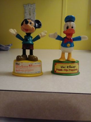1977 Gabreil Walt Disney Push Up Puppets Mickey Mouse,  Donald Duck