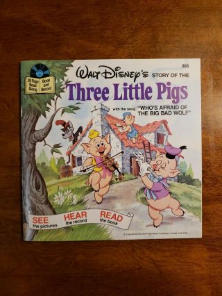 Three Little Pigs Walt Disney Read Along Record (24 Page Book,  33 Rpm 45) Nm