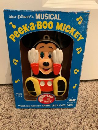 Vintage Wind Up Mickey Mouse Peek A Boo Illco Baby Toy Music 1980’s Toys