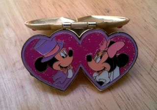 Disney Pin Two Hearts Jeweled Hinged Mickey & Minnie Mouse 2003 Le