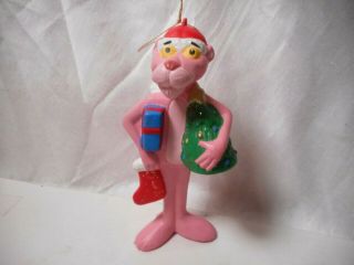 1997 Plastic The Pink Panther Holding Tree & Stocking Christmas Ornament