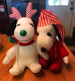 Snoopy Plush Christmas Reindeer Ears And Night Cap 6 1/2” Tall Set Of 2