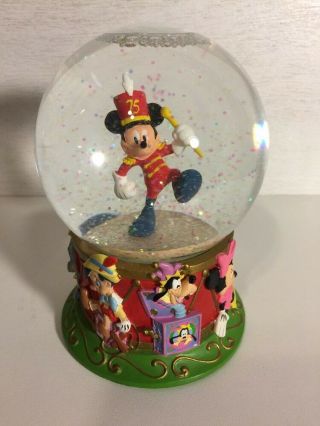 75th Anniversary Marching Mickey Mouse Disney Snow Globe With Past Friends Euc