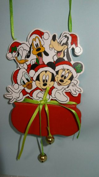 Disney Wooden Ornament W/mickey Minnie,  Pluto,  Donald,  Daisy & Goofy Santa Bag Bell