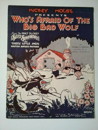 " Disney Whos Afraid Of The Big Bad Wolf " Sheet Music 1933 " Three Little Pigs "