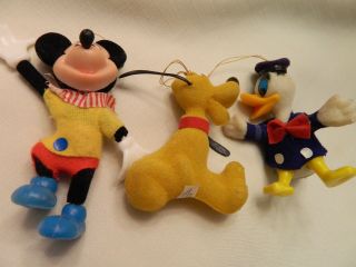 3 Vintage Walt Disney Mickey & Pluto Christmas Ornaments Made In Hong Kong