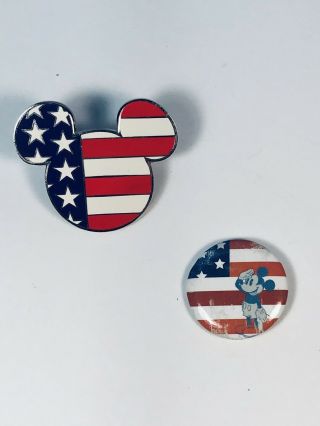 Disney Mickey Mouse Head Usa American Flag Pin,  And One Mickey Patriotic Button