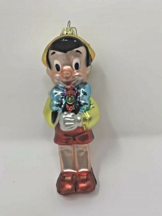Disney Pinocchio With Jiminy Cricket Blown Glass Christmas Ornament 6” Tall