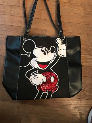 Disney Mickey Mouse Shoulder Strap Vinyl Tote Bag W/ Red Sequins