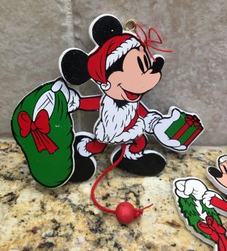 Walt Disney Mickey & Minnie Wooden Pull String Christmas Ornament Santa Claus