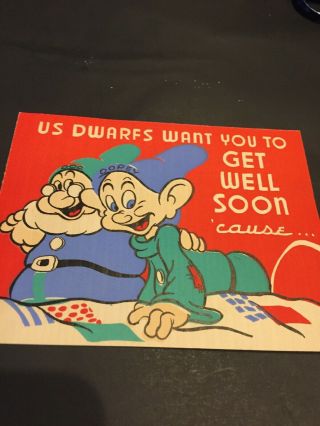1938 Snow White Disney “us Dwarfs” Get Well Soon Greeting Card Doc/dope