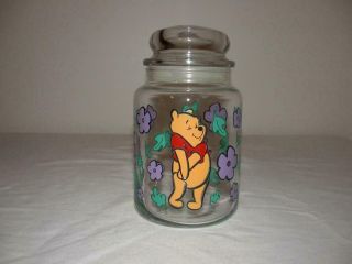 Anchor Hocking Disney Winnie The Pooh Floral Glass Jar Canister W/ Lid Candy Jar