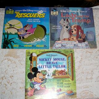 3 Vintage Walt Disney Books & Records See Hear Read Along 33 1/3 Rpm 1968 - 1979