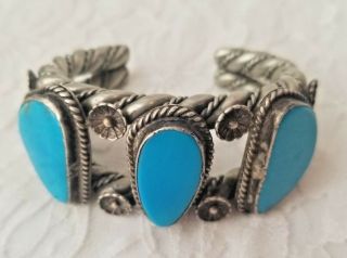Signed Vintage Navajo Heavy Gauge Sterling Silver & Turquoise Cuff Bracelet 114g