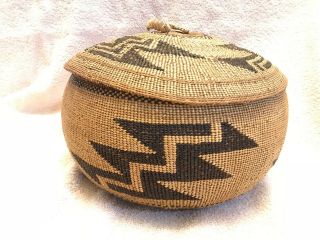 Antique Hoopa Mush Basket With Lid American Circa 1900,  9 " X 4 "