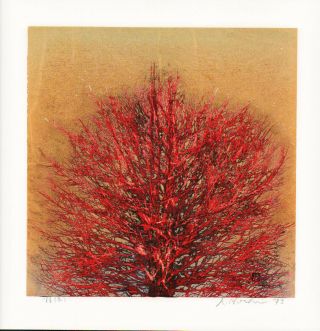Joichi Hoshi Japanese Woodblock Print Tree Top (red)