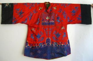 Fine Old Chinese Red & Blue Embroidered Silk Imperial Court Robe