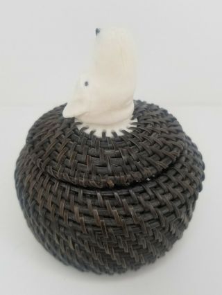Eskimo Baleen Basket With Carved Wolf Head Finial Signed Hank