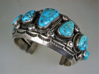 Old Heavyweight Navajo Stamped Sterling Silver & 7 Turquoise Row Bracelet 148gm