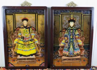 Chinese Emperor Empress Reverse Painting On Glass Qing Qianlong Portraits 20.  5 "