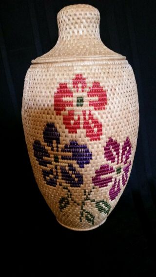 Circa 1998 Eskimo Large Covered Coiled Grass Basket By Agnes M.  Carl