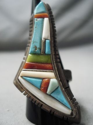 One Of The Biggest Vintage Navajo Turquoise Coral Inlay Sterling Silver Ring