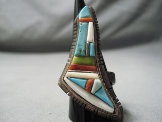 ONE OF THE BIGGEST VINTAGE NAVAJO TURQUOISE CORAL INLAY STERLING SILVER RING 2