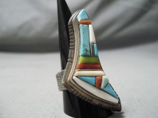 ONE OF THE BIGGEST VINTAGE NAVAJO TURQUOISE CORAL INLAY STERLING SILVER RING 3