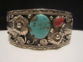 Large Vintage Native Pawn Navajo Sterling Turquoise Coral Cuff Bracelet Signed