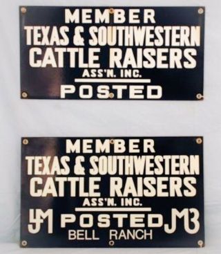 2 Old “bell Ranch” Texas Southwestern Cattle Raisers Porcelain Livestock Signs