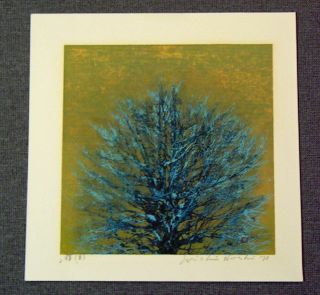Joichi Hoshi Japanese Woodblock Print Tree Top (blue)