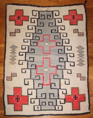 Large Antique Circa - 1900 Western Native American Indian,  Navajo Rug,  Red Crosses