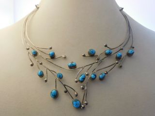 Vtg Old Pawn Navajo Pearl Sterling Silver Sleeping Beauty Turquoise Bib Necklace