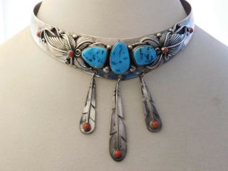 Vtg Old Pawn Navajo Sterling Silver Red Coral Morenci Turquoise Collar Necklace