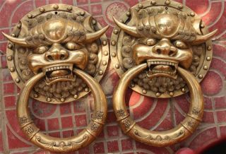18 " Chinese Brass Fengshui Foo Fu Dog Guardion Lion Head Door Knocker Gate Pair