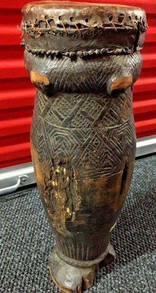 Antique Old Tribe African Wood Drum Carved Braided Hand Handle Congo Africa