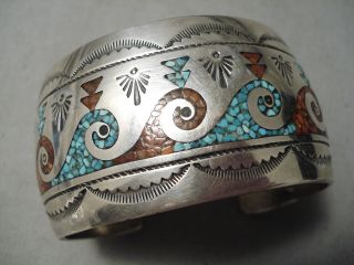 Hand Tooled Older Wide Vintage Navajo Turquoise Coral Sterling Silver Bracelet