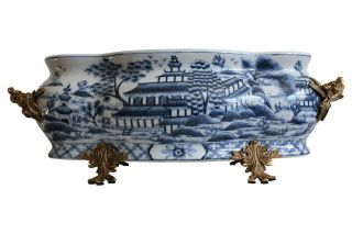 Large Blue And White Blue Willow Porcelain Foot Bath Basin Brass Ormolu Accents