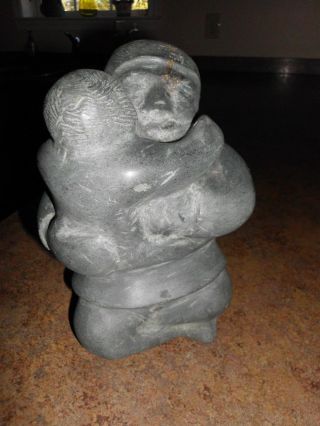 Vintage Inuit Eskimo Art Sculpture Stone Carving Parent Hugging Child