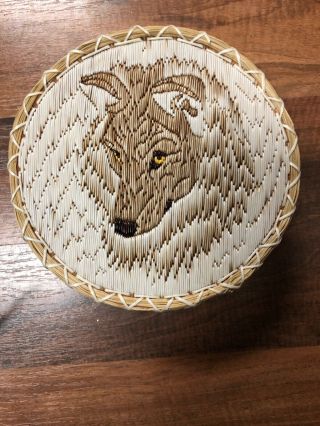 Rare Large Native American Indian Birch Bark Porcupine Quill Box Basket Wolf