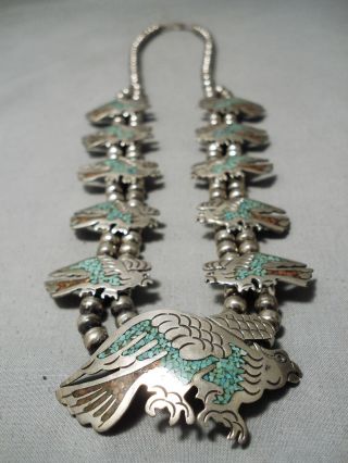 Rare Vintage Navajo Bird Turquoise Coral Sterling Silver Squash Blossom Necklace