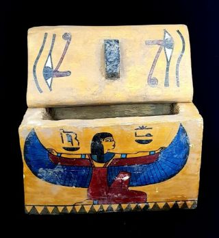 Egyptian Antique Box Of Secrets Winged Isis & Winged Scarab & Wedjet Figurines