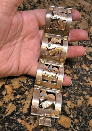18k Gold Sterling Silver Turquoise Hinged Bracelet Peru Peruvian Old Cuzco Inca